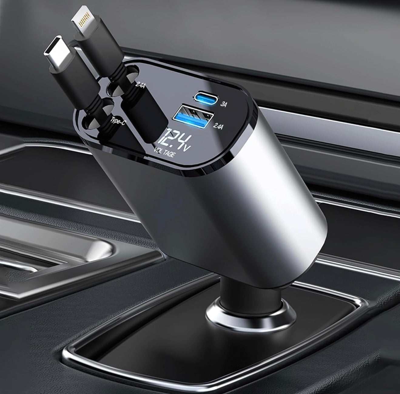 4-in-1 Retractable Car Charger – 100W Fast Charge with Dual USB Ports