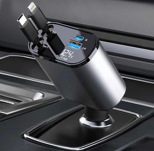 4-in-1 Retractable Car Charger – 100W Fast Charge with Dual USB Ports