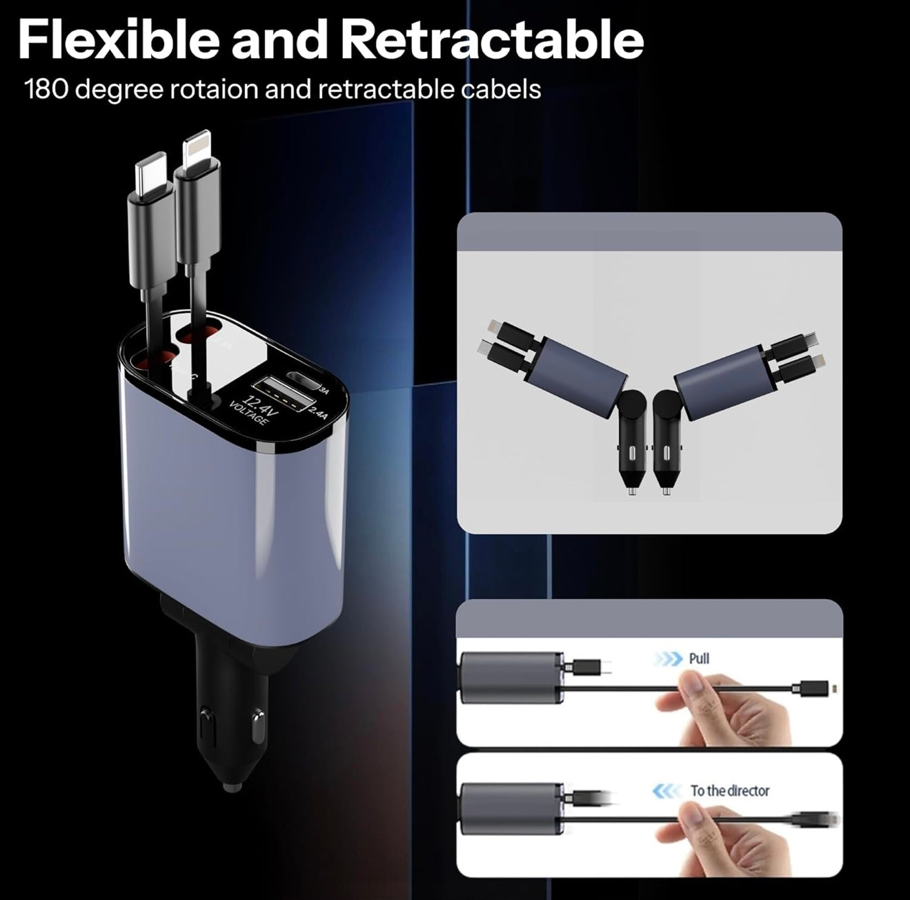 4-in-1 Retractable Car Charger – 100W Fast Charge with Dual USB Ports