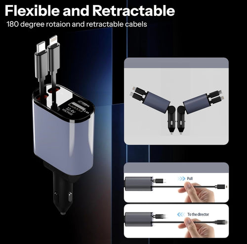 4-in-1 Retractable Car Charger – 100W Fast Charge with Dual USB Ports