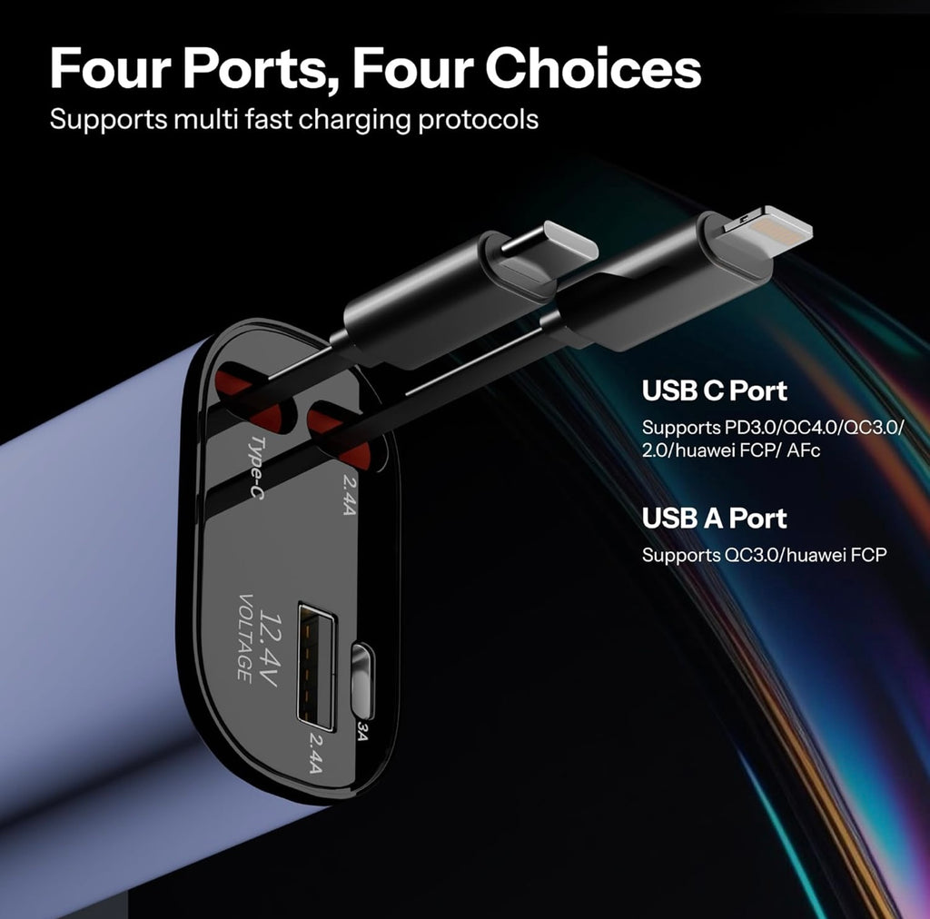 4-in-1 Retractable Car Charger – 100W Fast Charge with Dual USB Ports