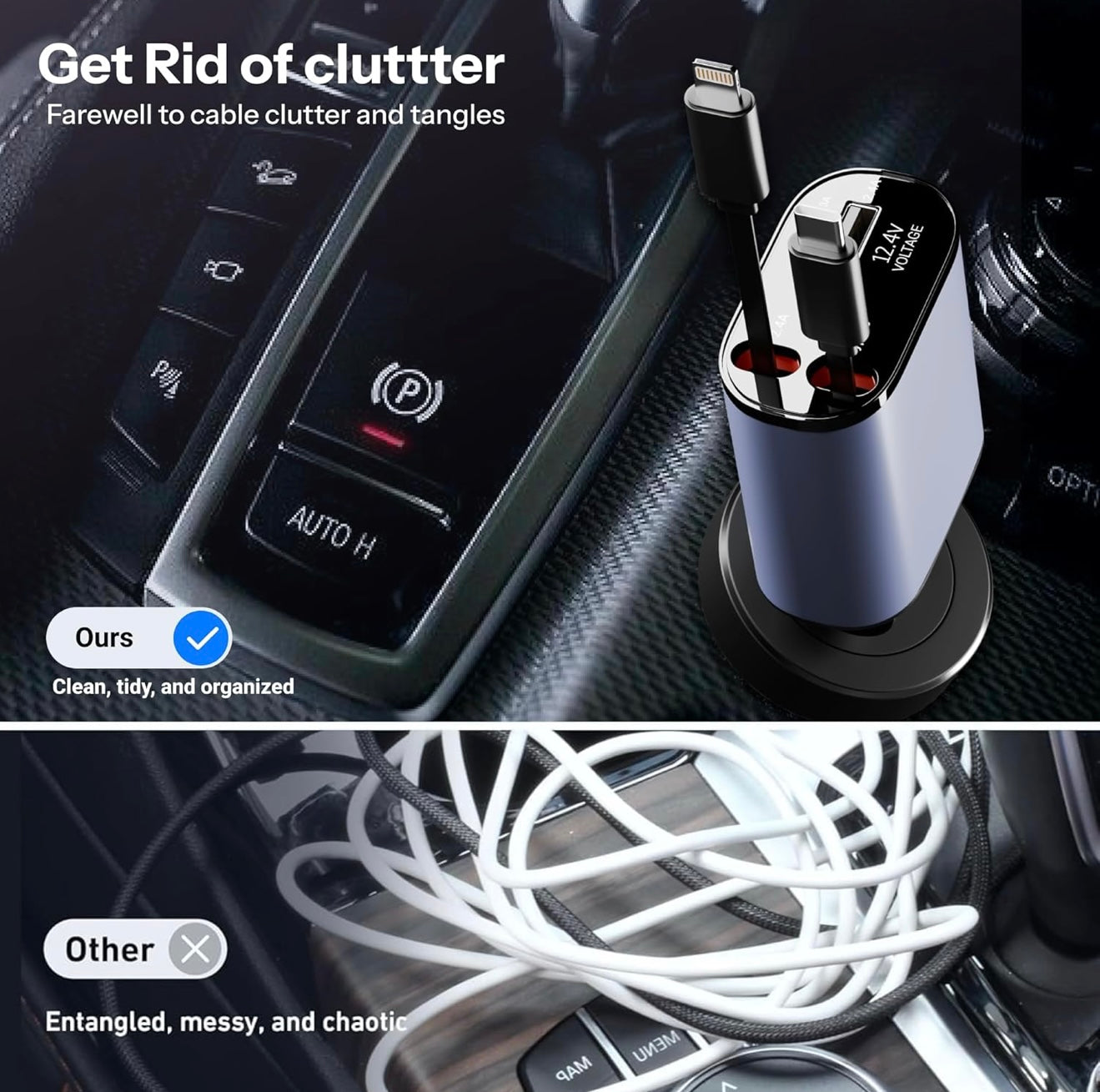 4-in-1 Retractable Car Charger – 100W Fast Charge with Dual USB Ports