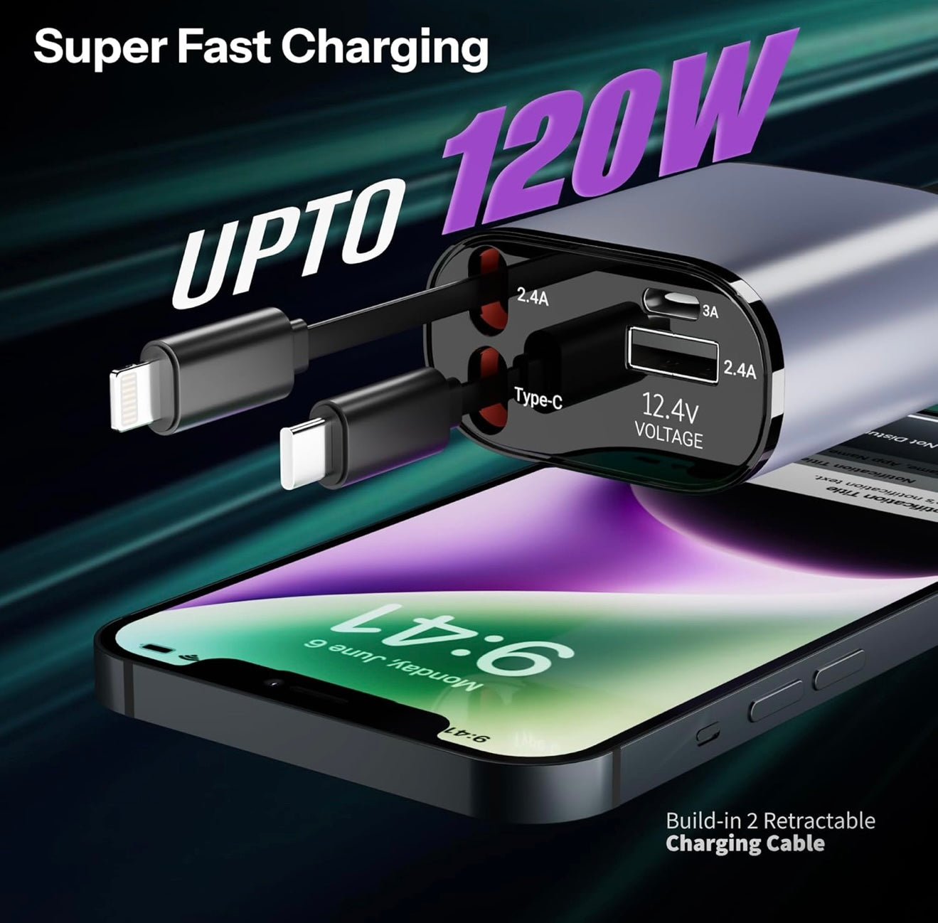 4-in-1 Retractable Car Charger – 100W Fast Charge with Dual USB Ports