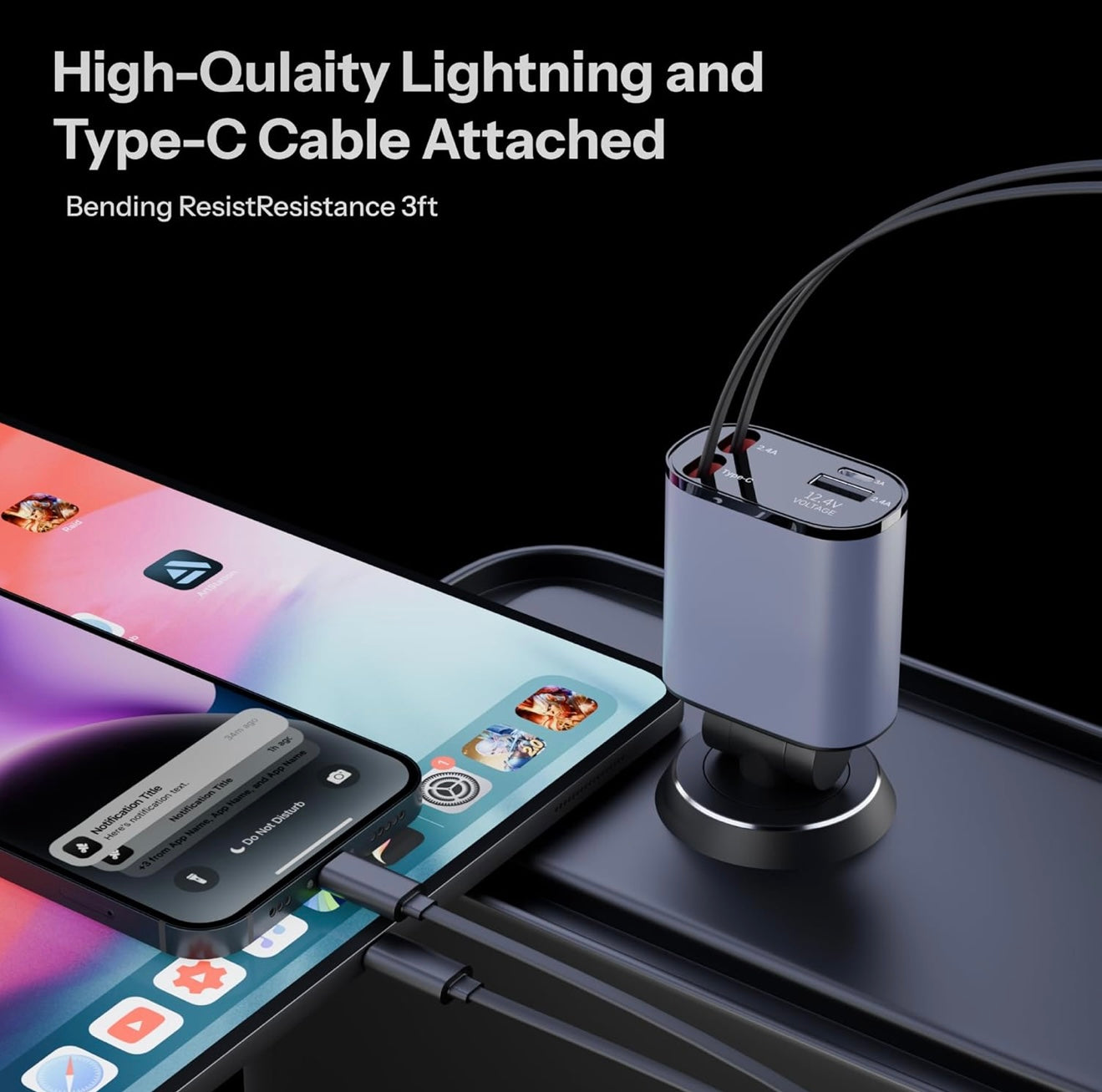 4-in-1 Retractable Car Charger – 100W Fast Charge with Dual USB Ports