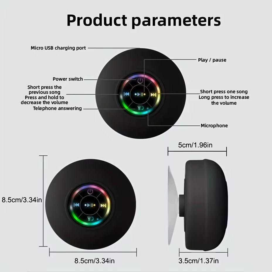 Mini LED Shower Speaker – Waterproof, Bluetooth & Rechargeable